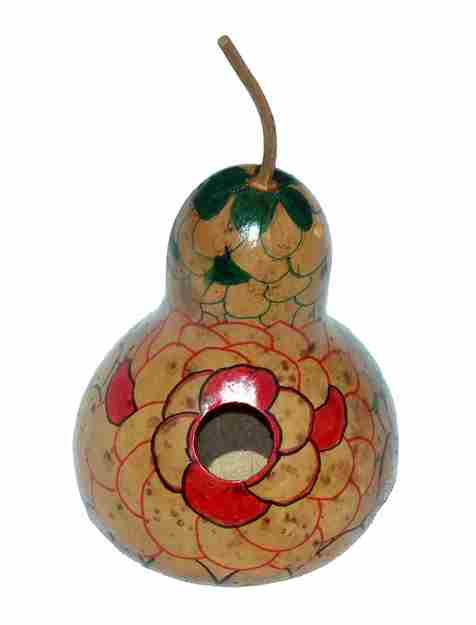 A hand decorated gourd house. 