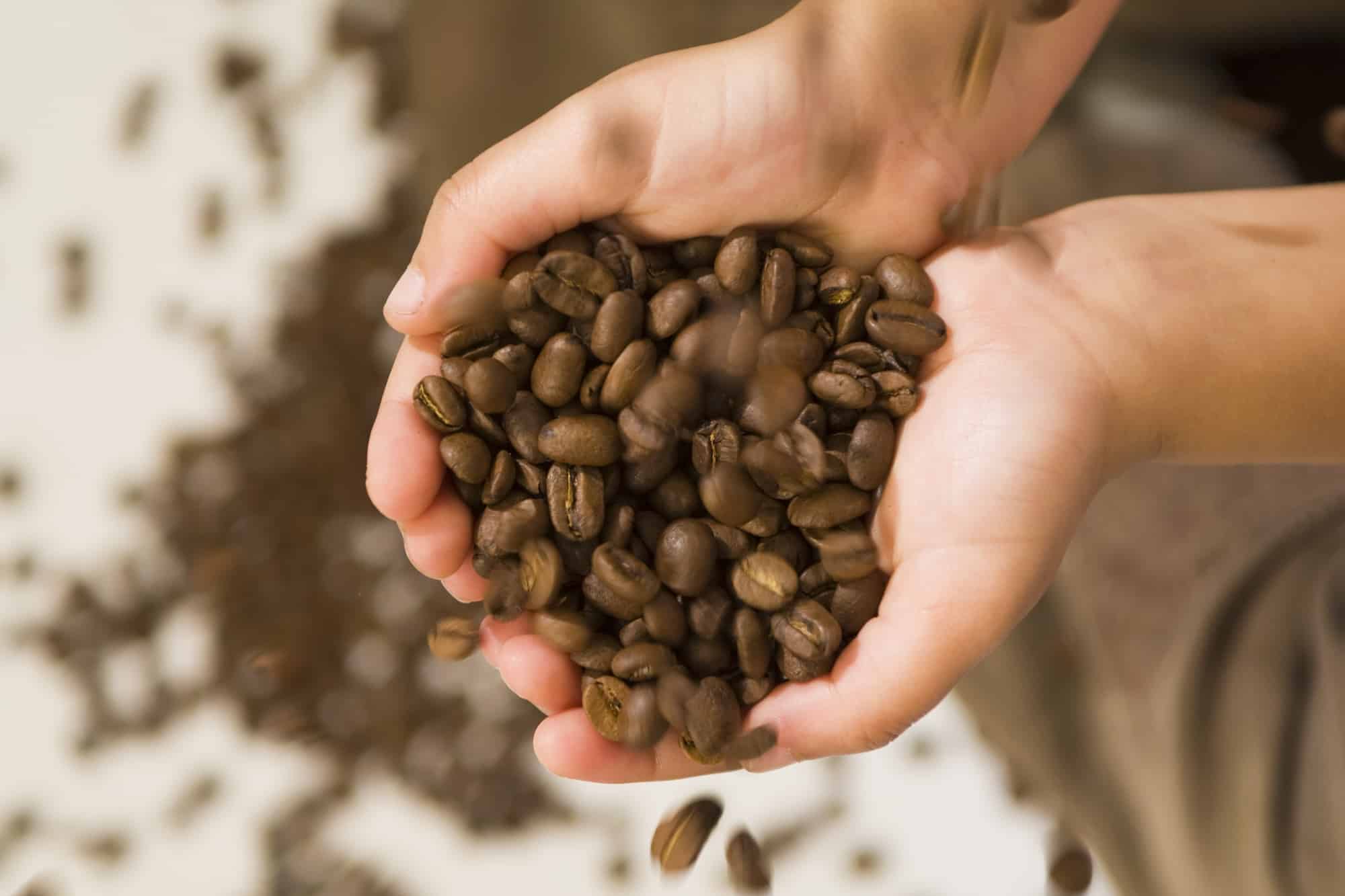 Motion blurred studio studio shot of coffee beans being poured into a child's hands