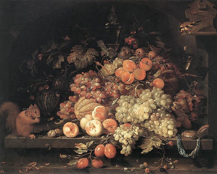 Abraham Mignon - Fruit Still-Life with Squirrel and Goldfinch