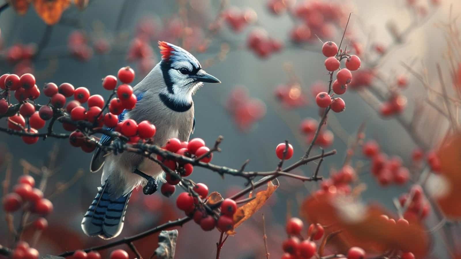blue jay bird eating red berries on the shrub