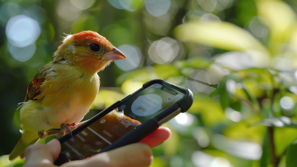 bird next to smartphone