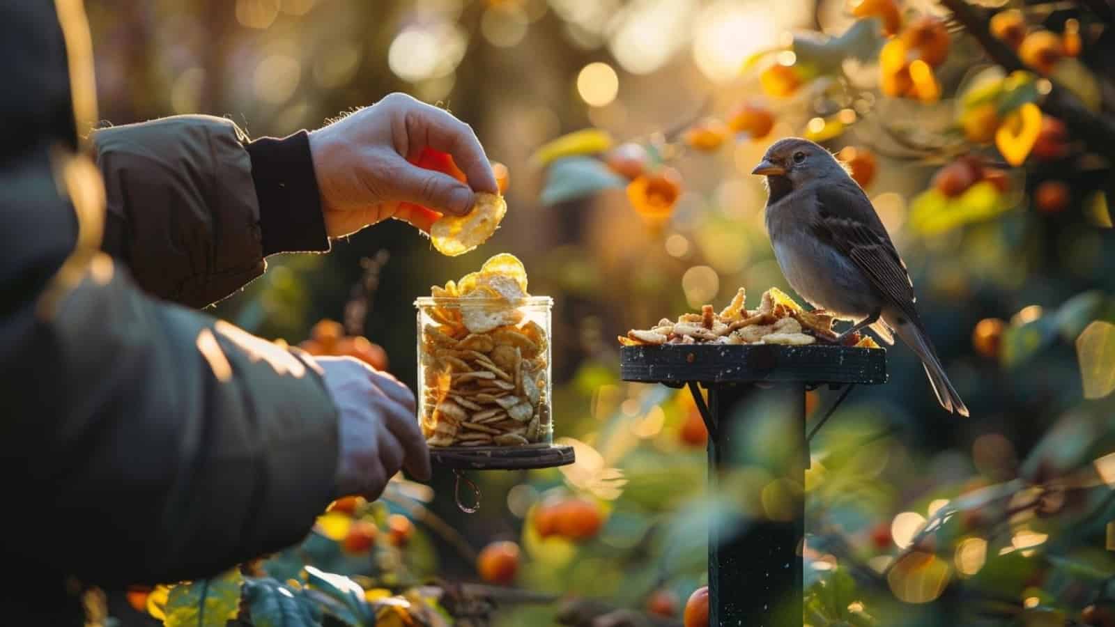 potato chips to a bird feeder