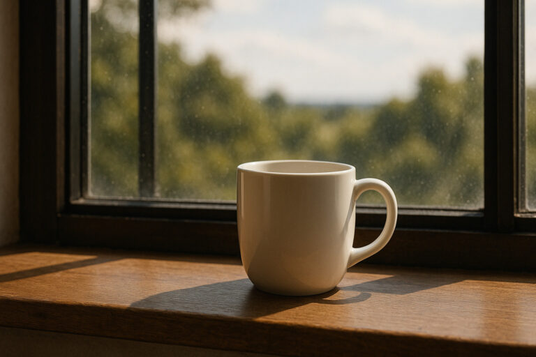 A white ceramic mug sits on a sunlit wooden windowsill with a blurred view of green trees outside.
