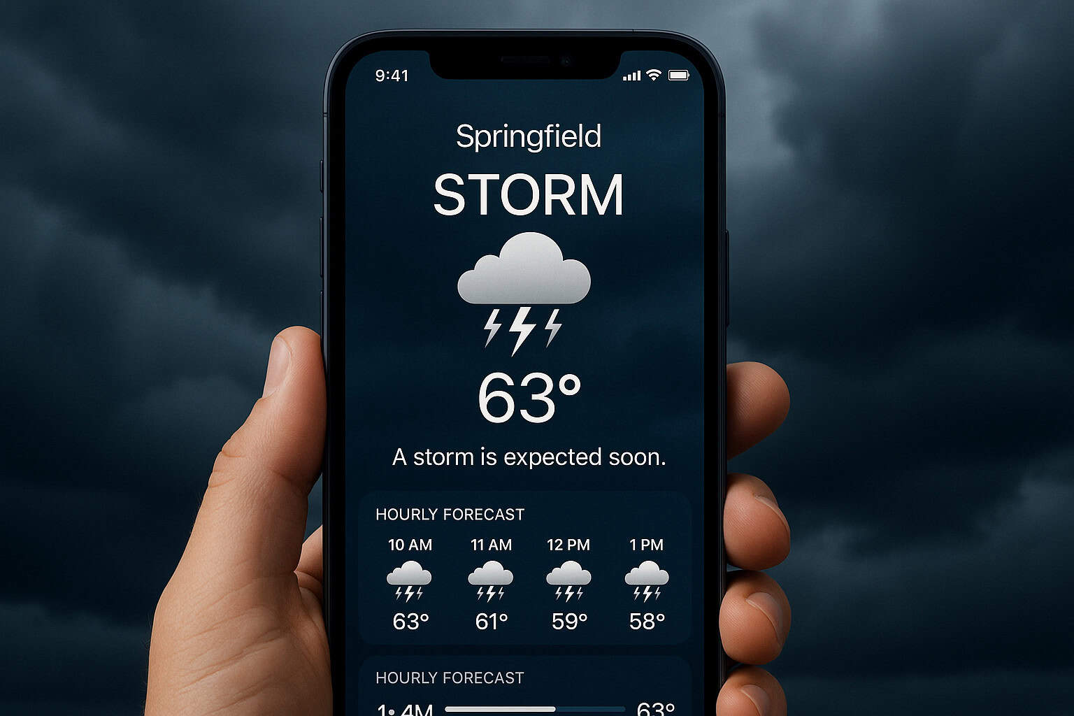 a hand holding a phone with weather forecast