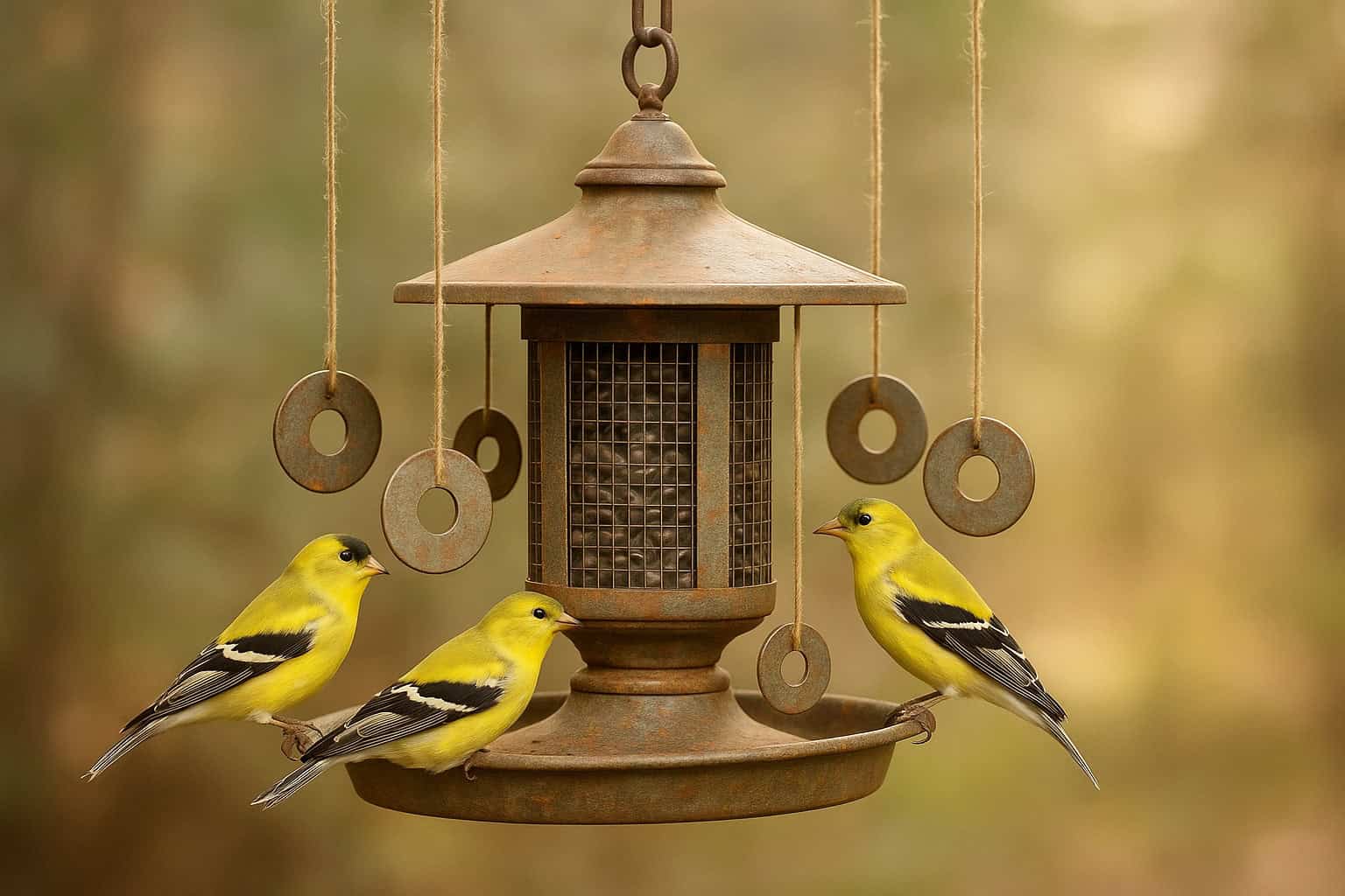 20250630 1451 Goldfinches and Vintage Feeder simple compose 01jyzskwe1fkhrreda9dt8thq2