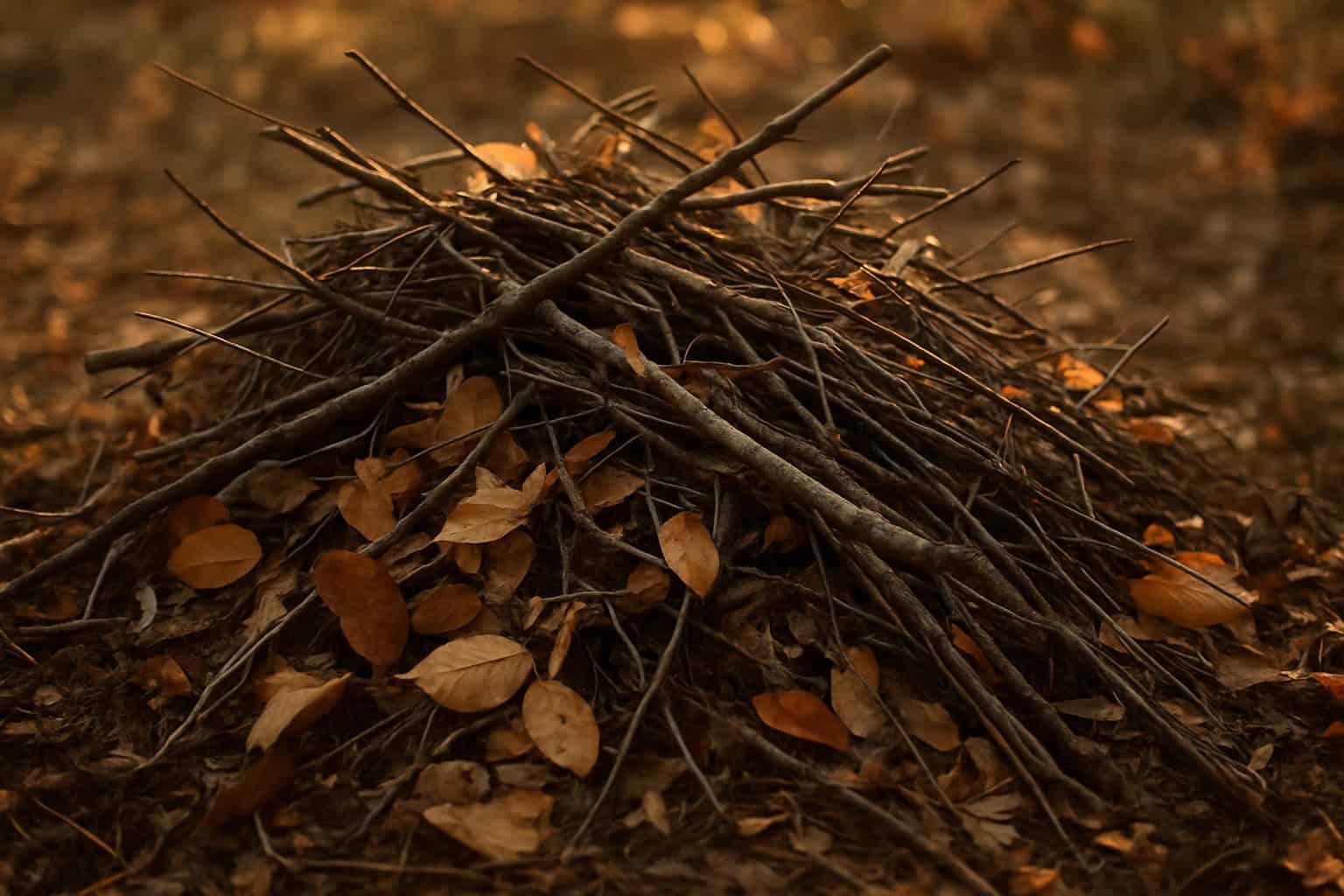 A brush pile in a yard provides shelter for small birds.