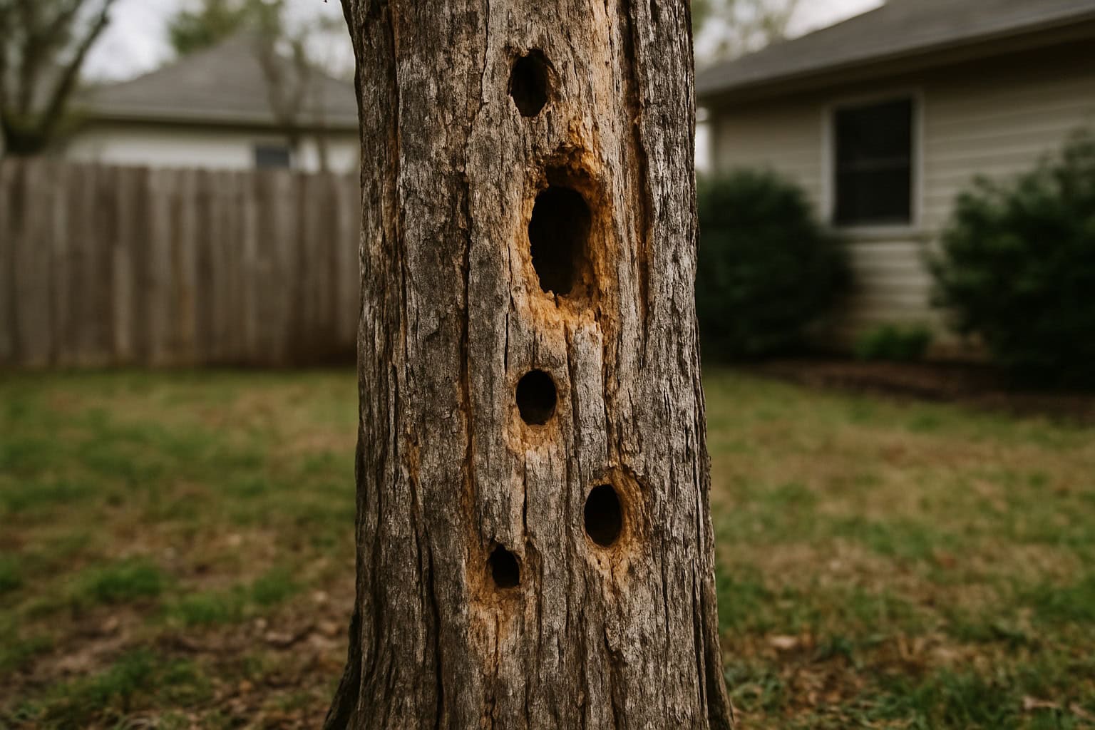 A dead tree standing in a yard, providing a perch for birds.