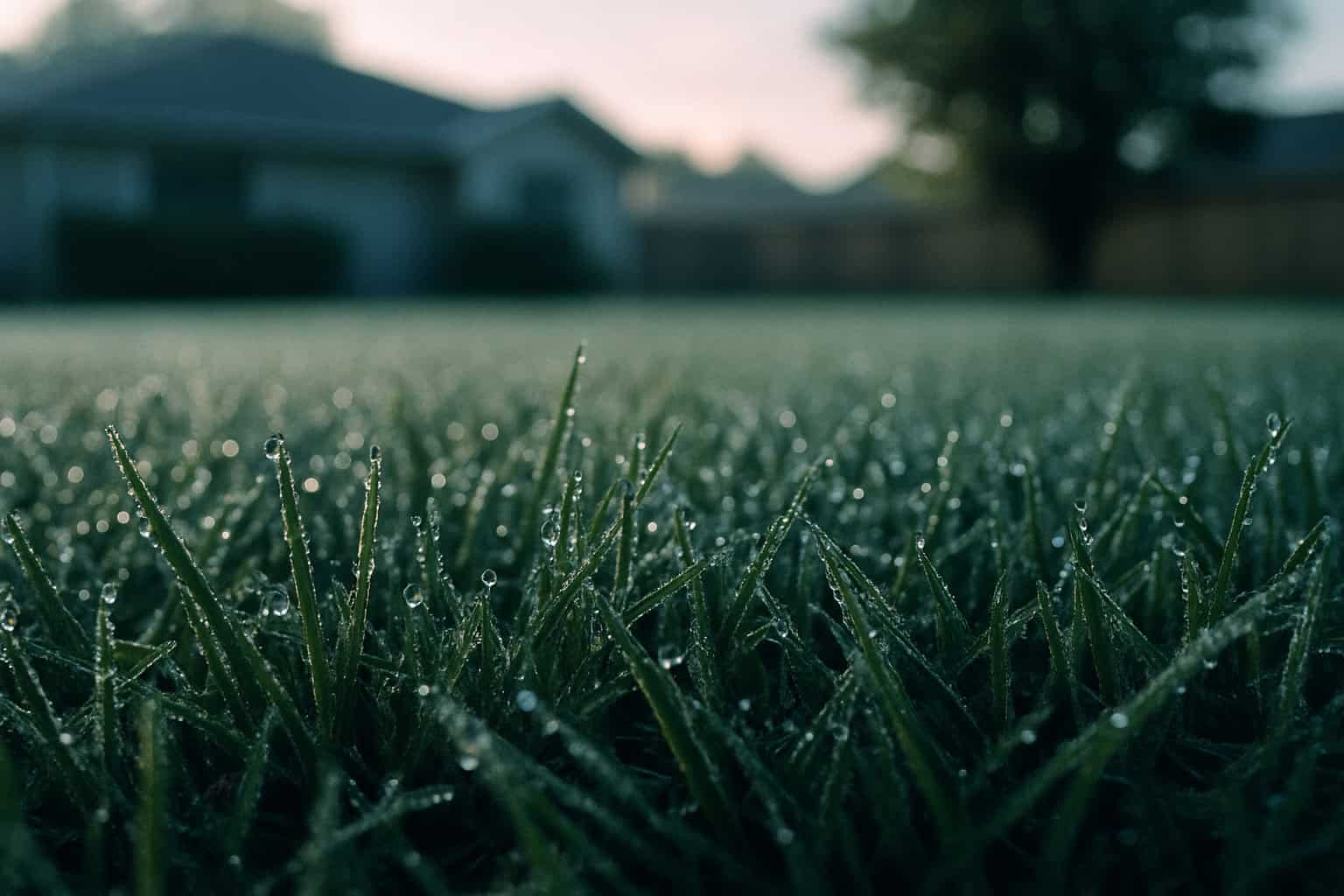 Close up of green grass covered in morning dew.