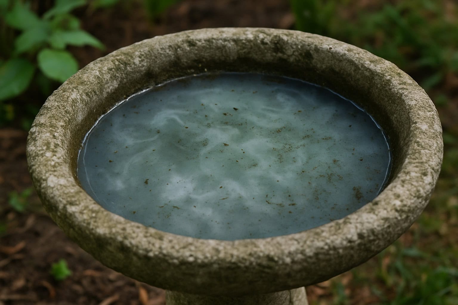 A dirty, cloudy bird bath with milky-blue water.