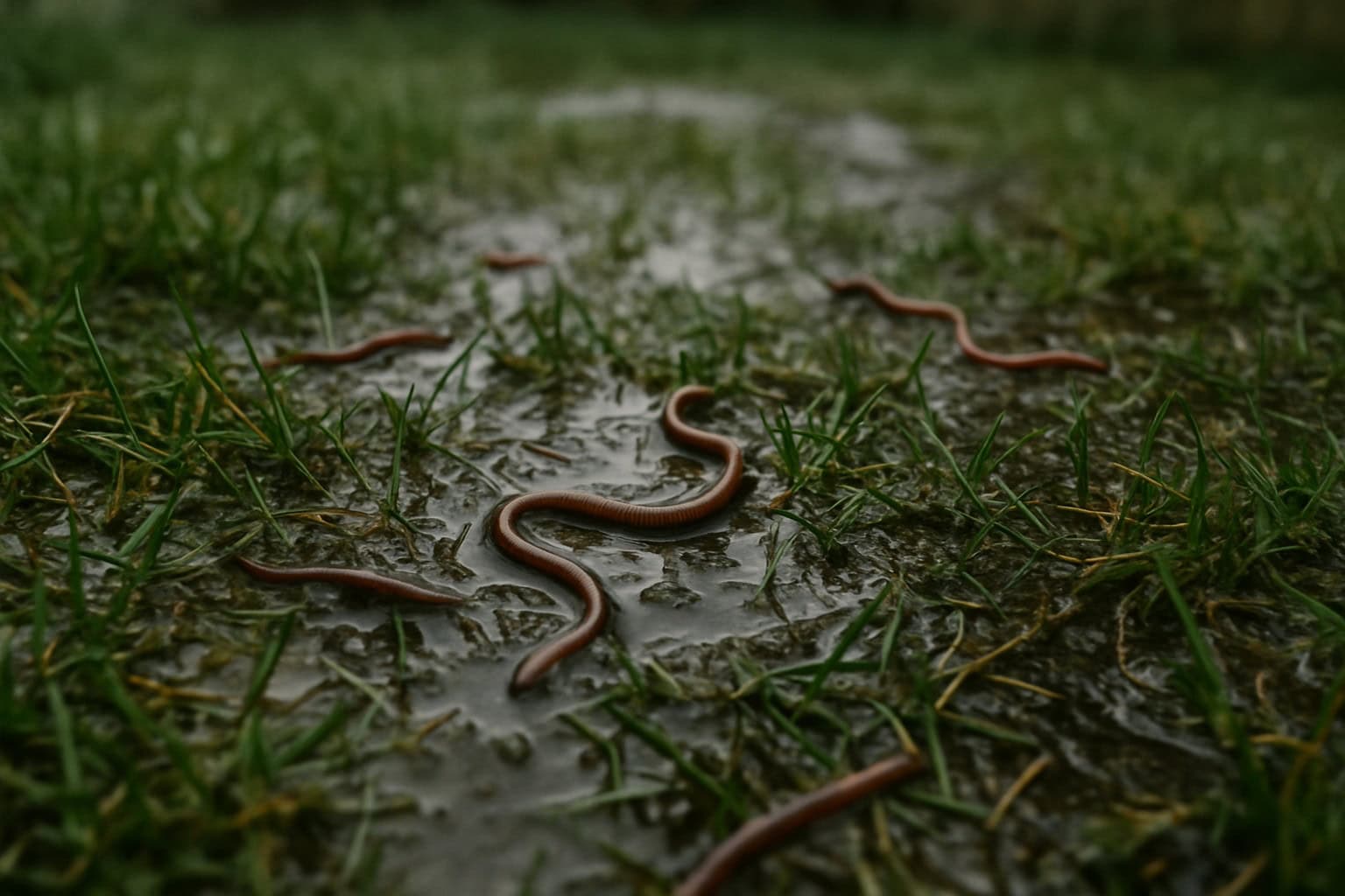 Several earthworms on wet pavement after a rainstorm.
