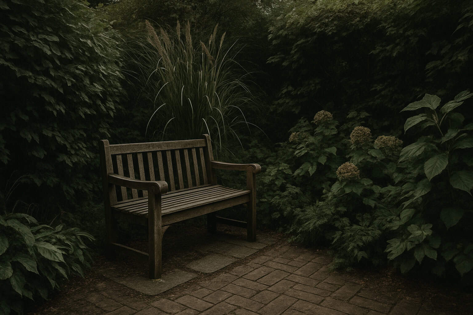A quiet, peaceful corner of a garden with dense foliage.