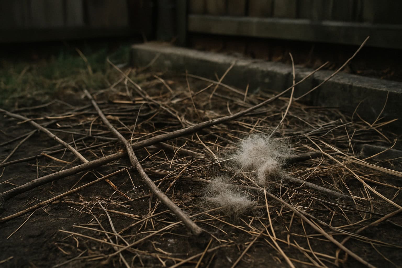 A collection of natural materials like twigs, moss, and pet fur for birds to use in nests.