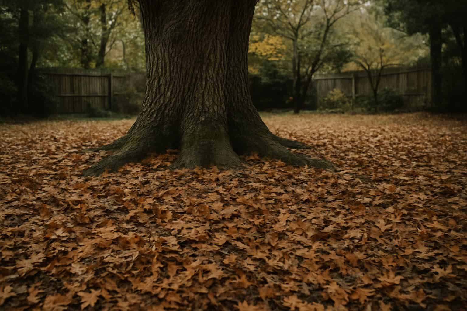 An oak tree with fallen leaves gathered at its base.