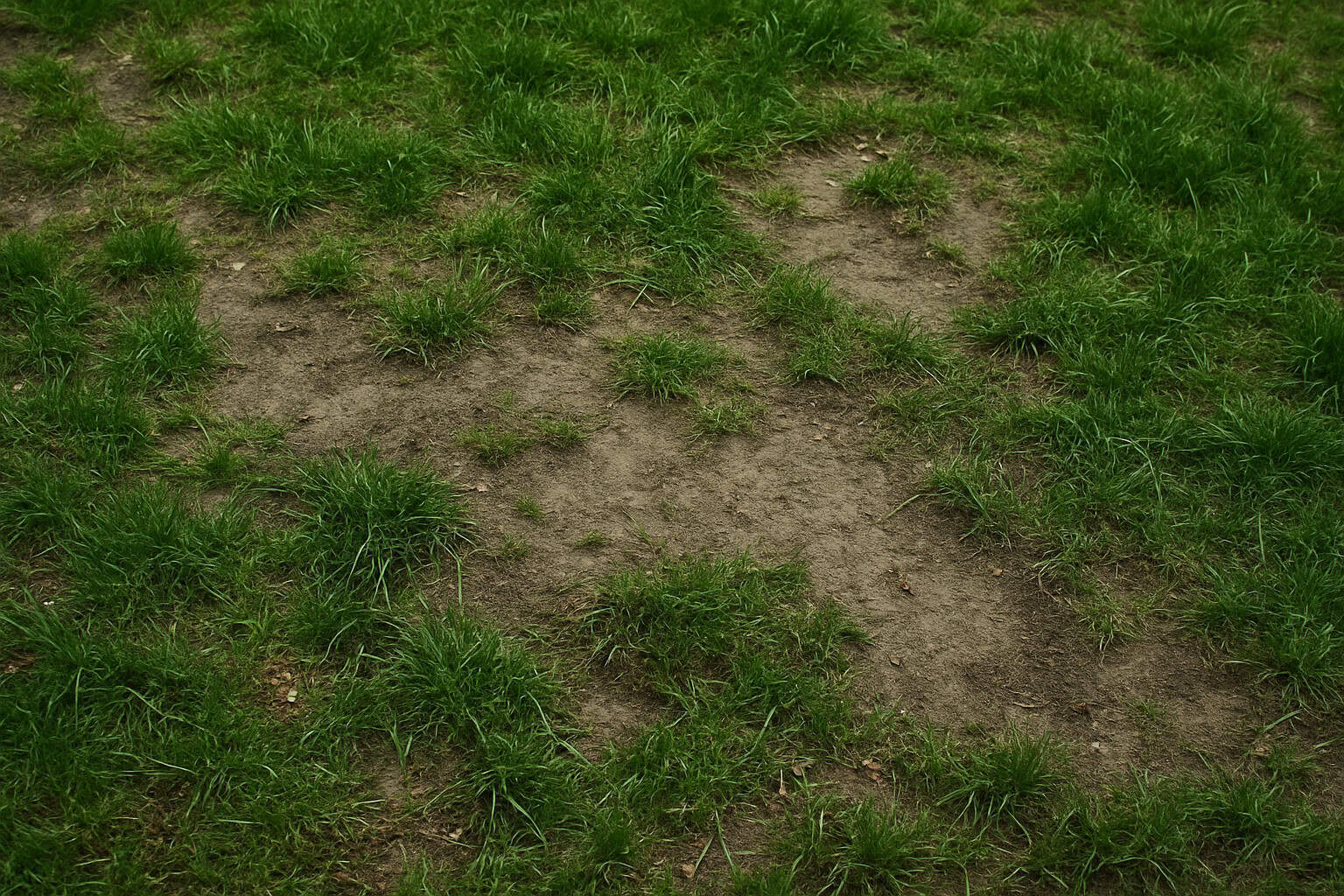 A lawn with several bare, patchy spots of dirt.