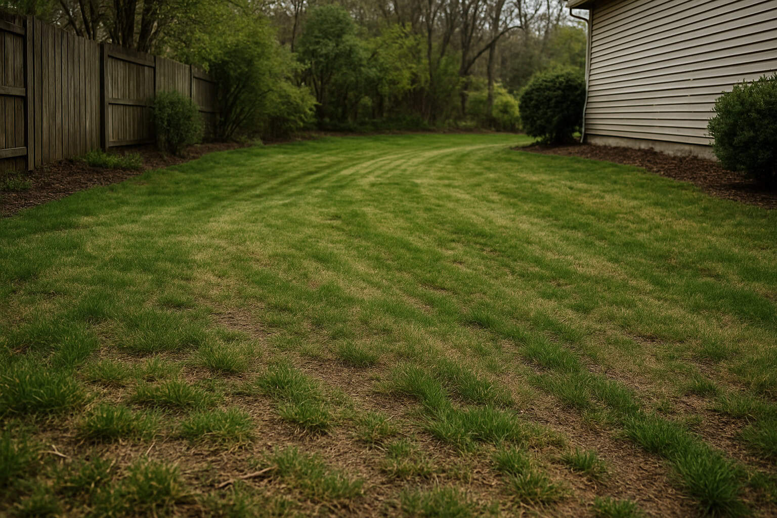 A backyard with a gentle, grassy slope.