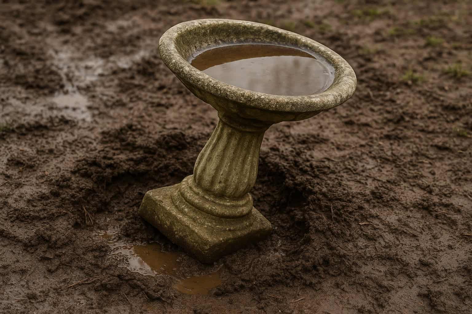 The base of a bird bath sinking into the soft ground.