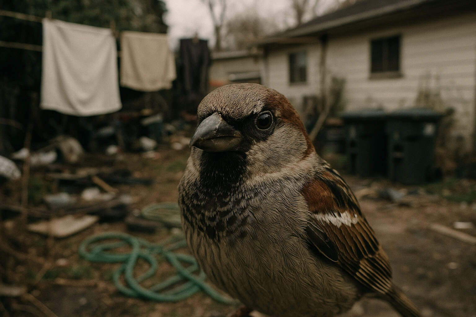 A photo of a beautiful bird with a cluttered, distracting background.