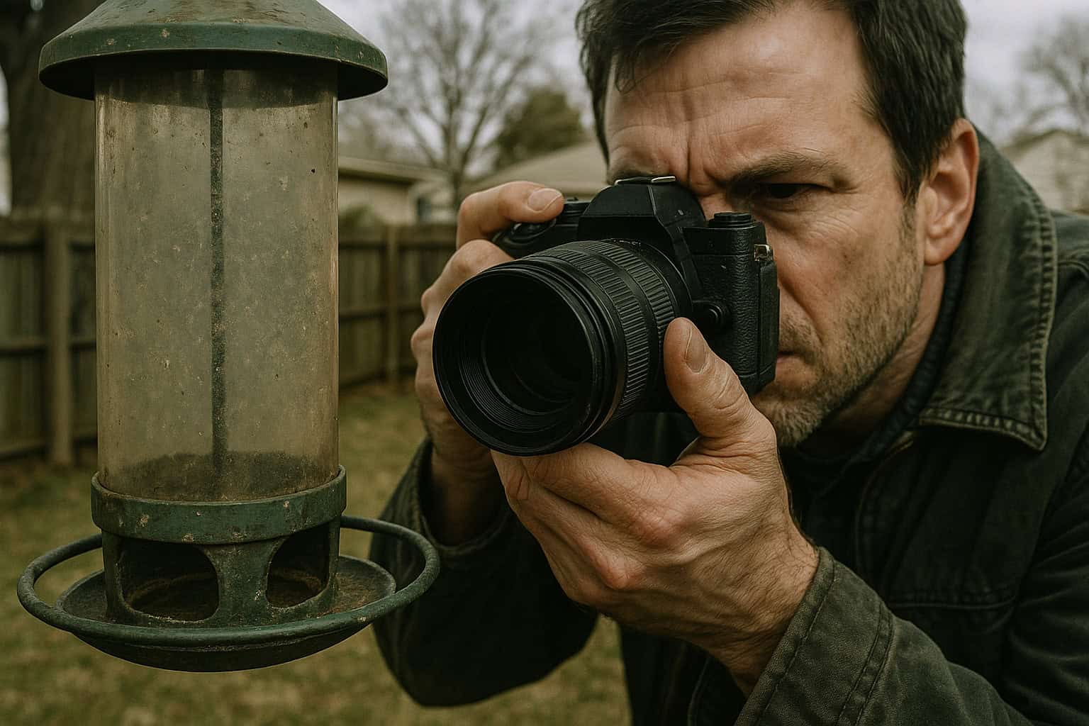 A photographer trying to get too close to a bird feeder.