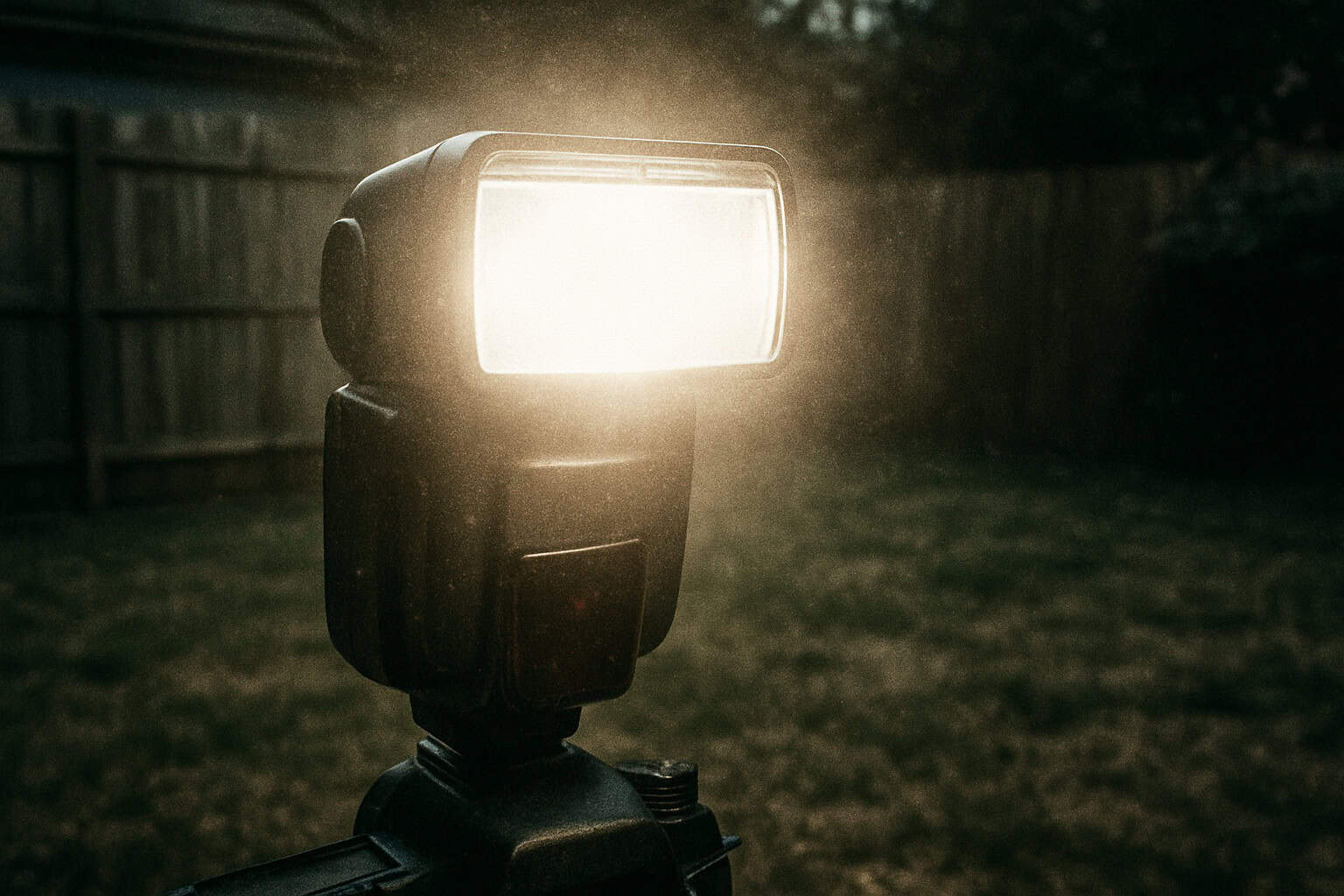 A camera flash going off, startling a bird.