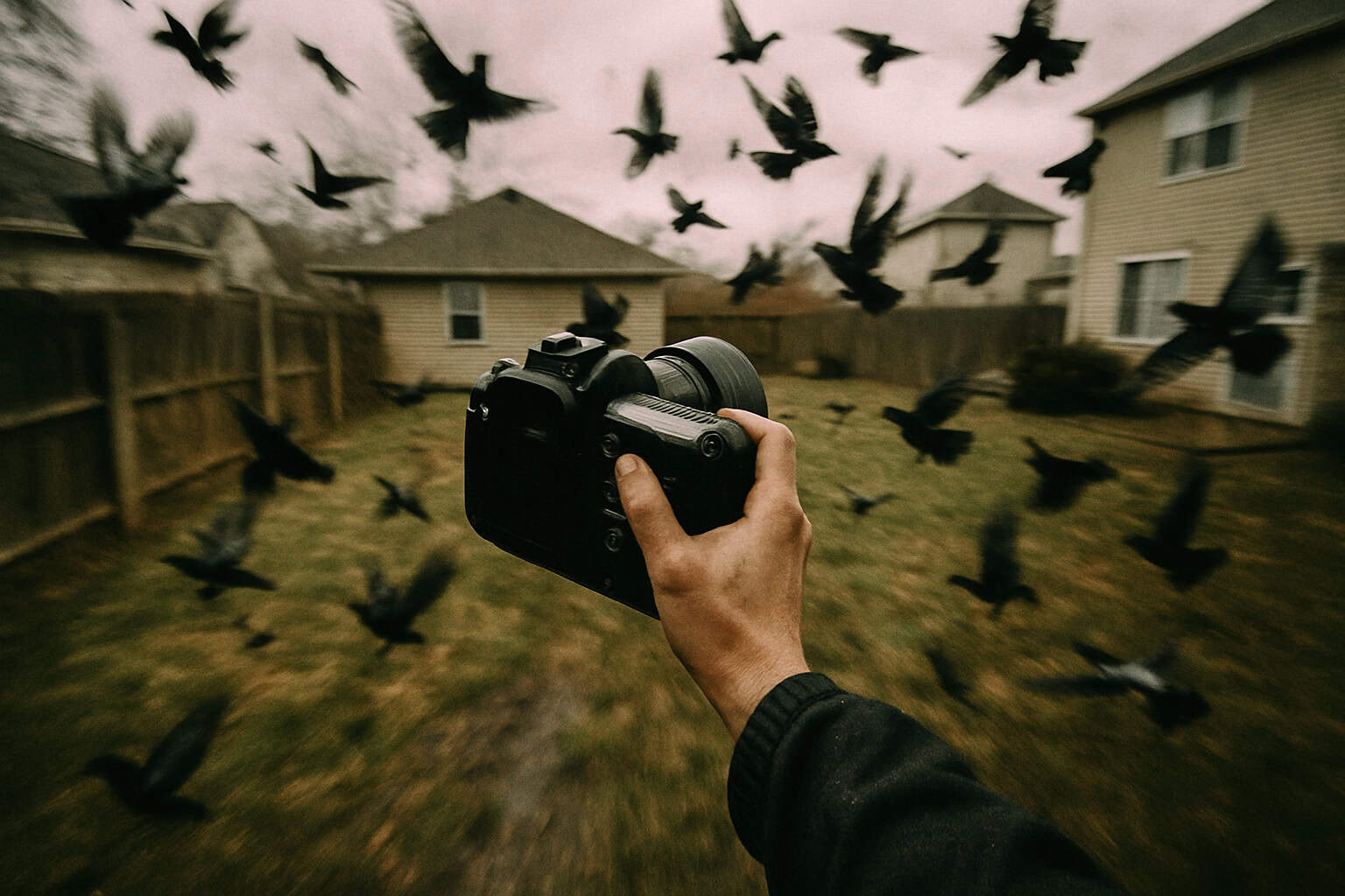 A person chasing after a bird with a camera, causing it to fly away.