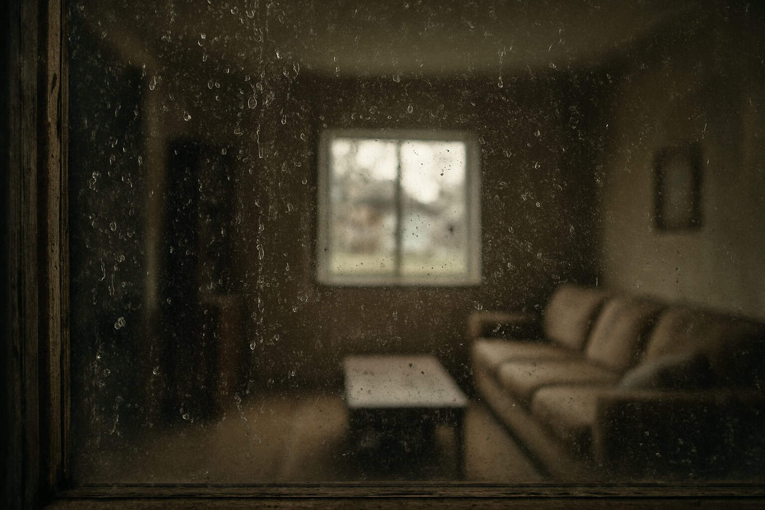 A blurry photo of a bird taken through a dirty window.