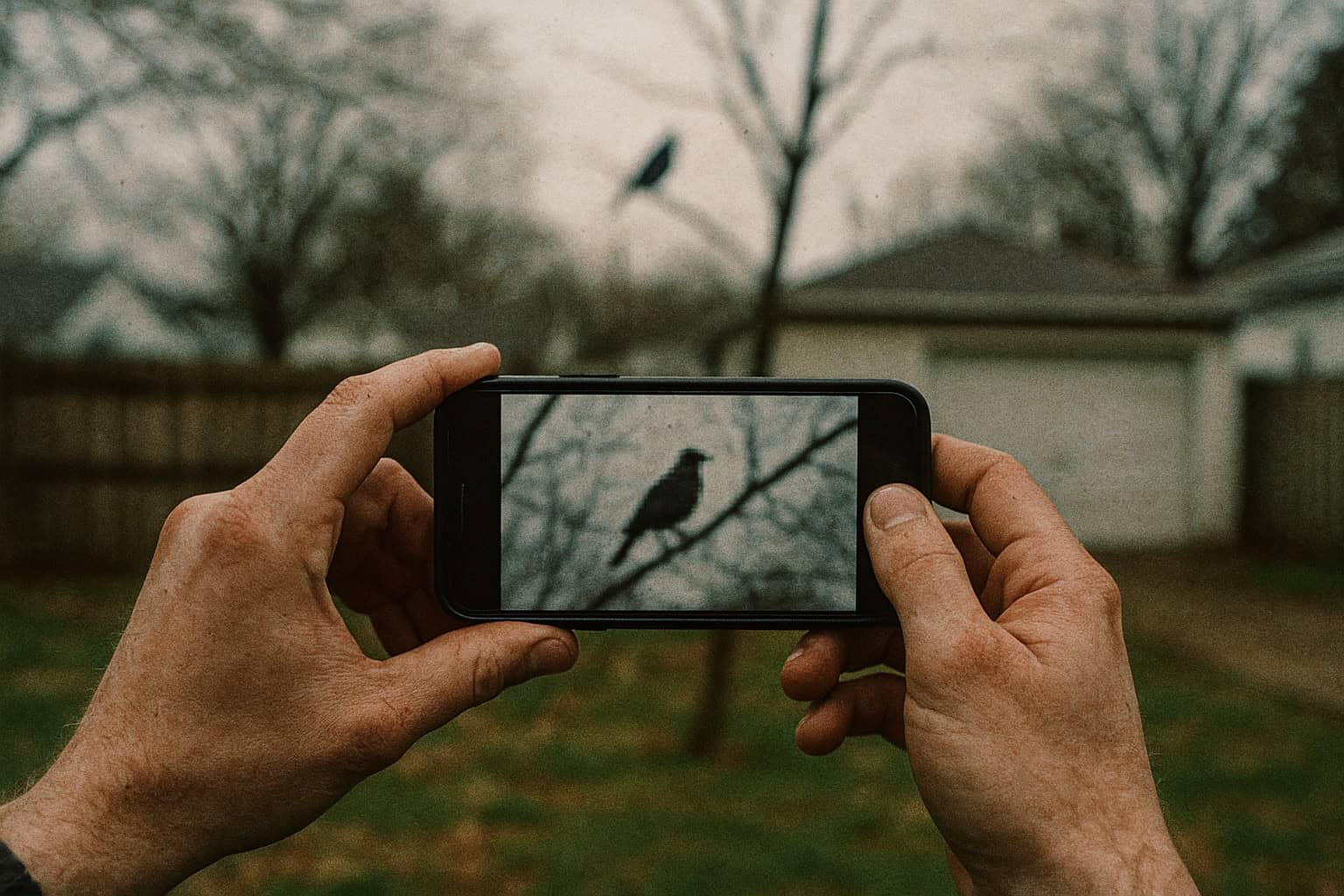 A pixelated, blurry photo of a bird taken with a smartphone's digital zoom.