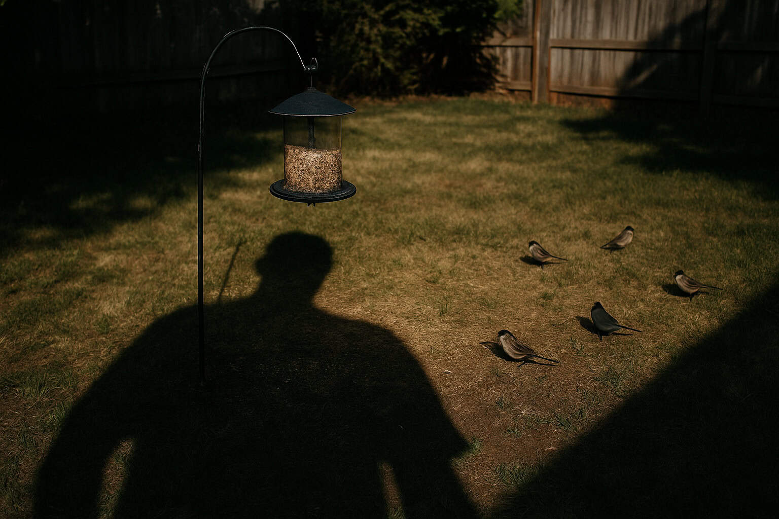 A photographer's long shadow falling over a bird feeding area.