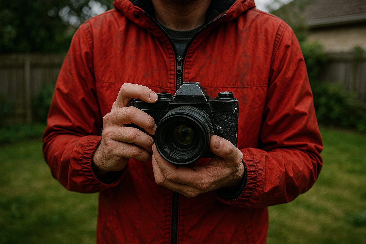 A person in a bright red jacket trying to photograph birds.