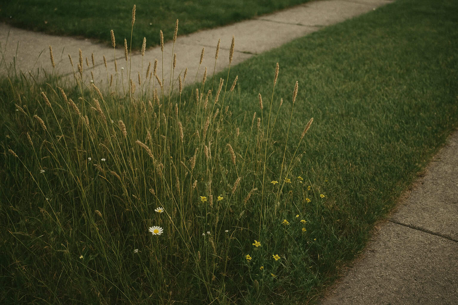 A wild corner of a yard with native grasses and seed-bearing plants.
