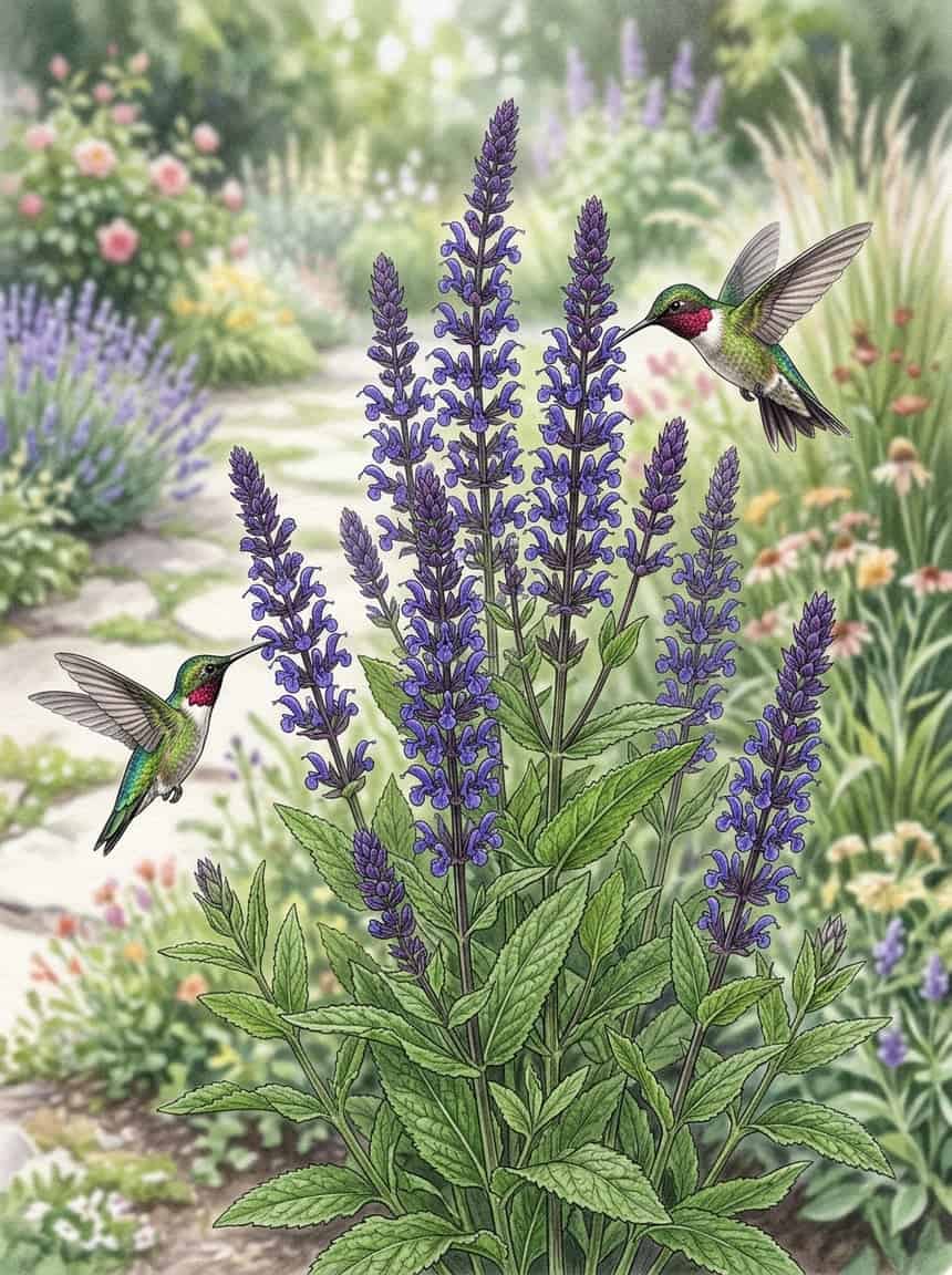 A dense clump of Salvia 'May Night' with upright deep violet-blue flower spikes rising above dark green foliage, with a hummingbird hovering at one of the spikes.