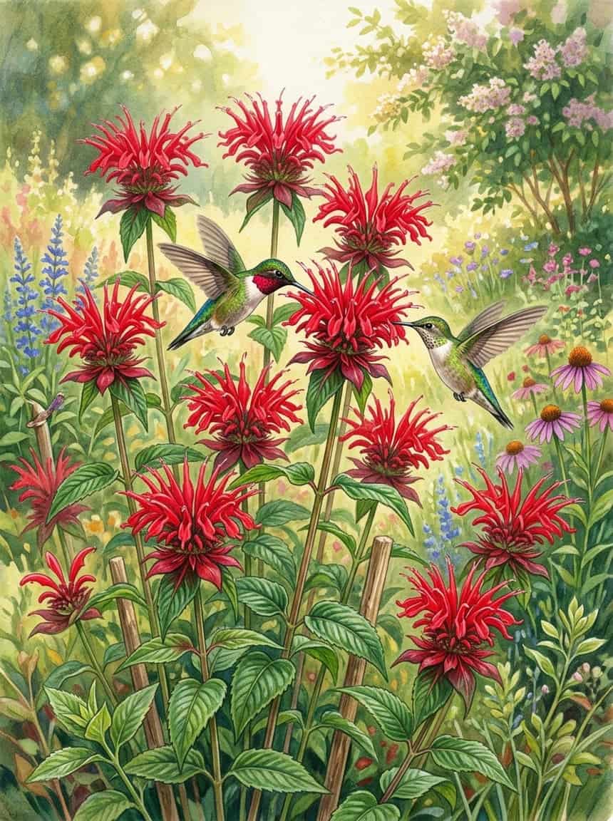 Bright red Bee Balm flowers with ragged, spidery petals clustered at the top of tall green stems, with a hummingbird approaching one of the blooms.