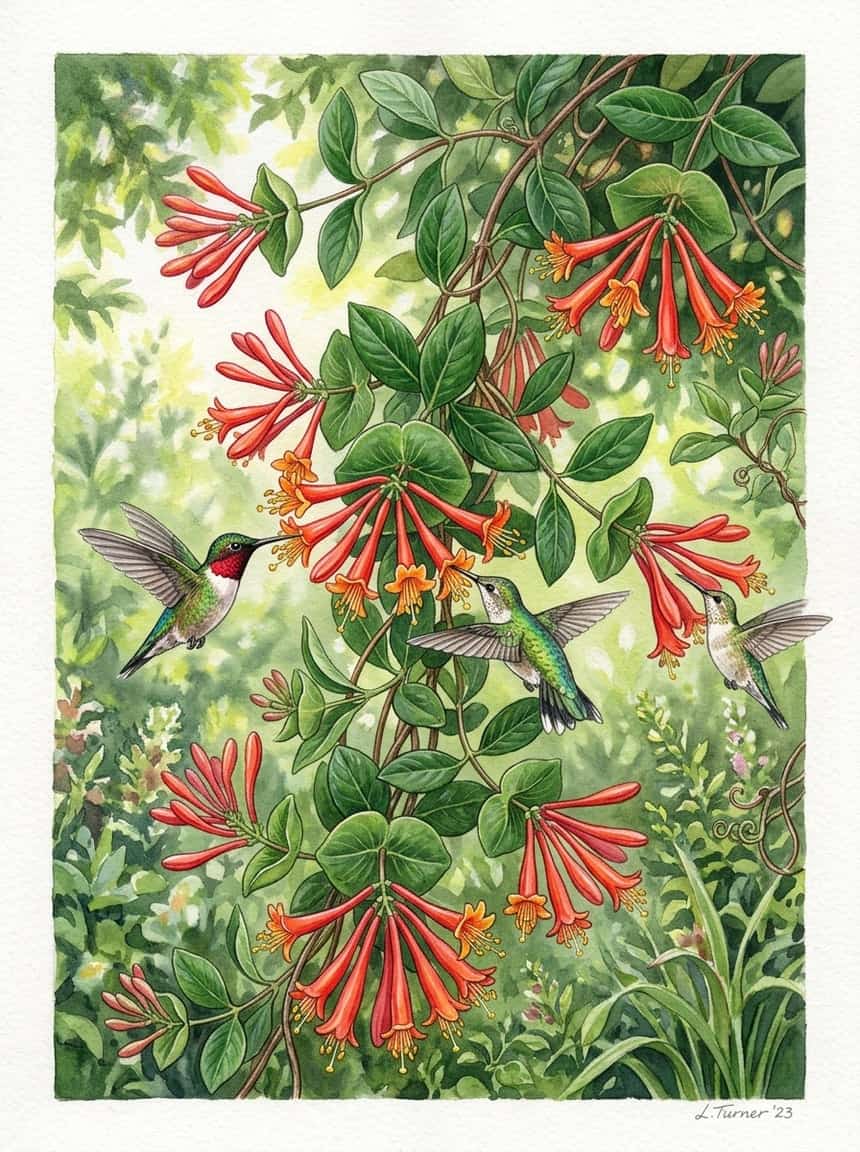 Clusters of long red-orange trumpet-shaped flowers on a twining vine with smooth oval blue-green leaves, with two hummingbirds feeding at the open blooms.