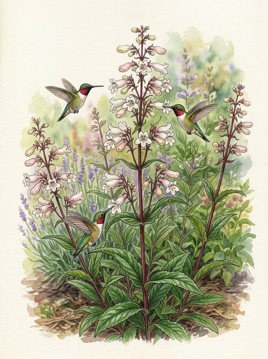 Penstemon 'Husker Red' with slender white and pale pink tubular flowers on upright stems with deep red-bronze foliage visible at the base.