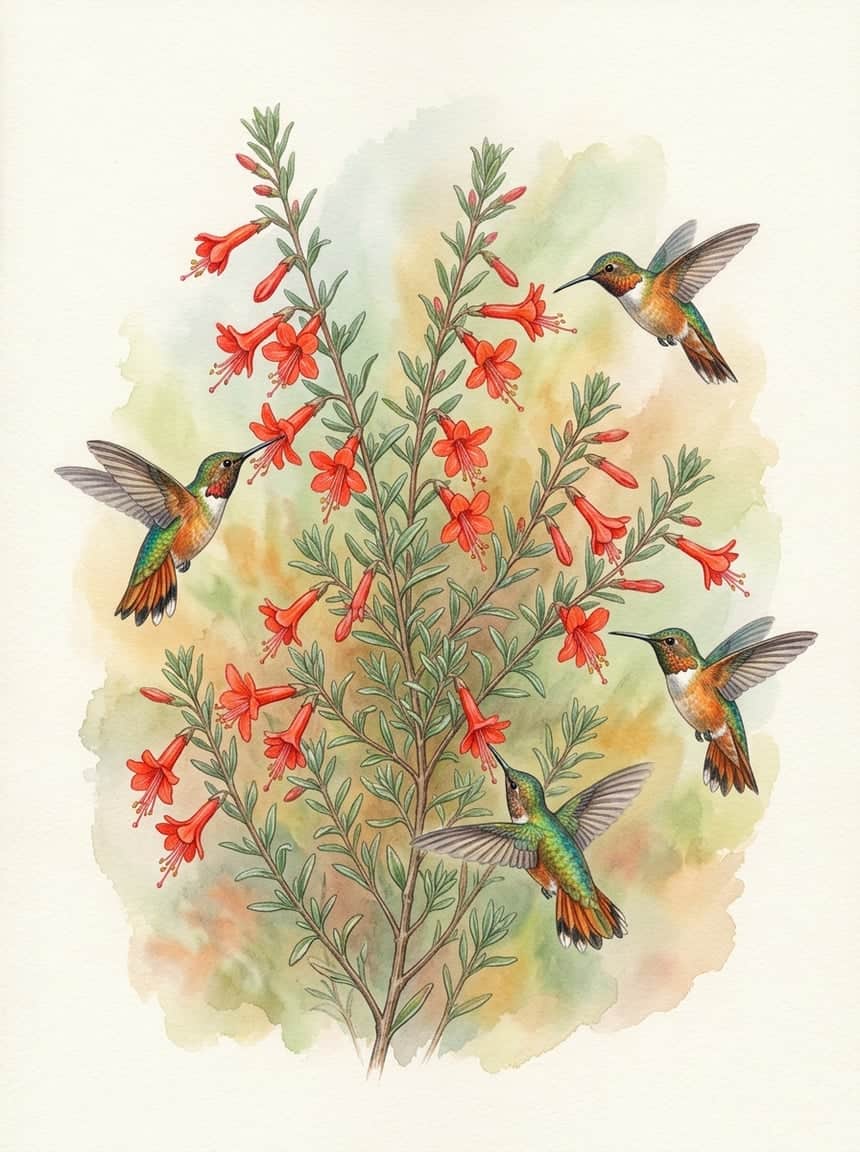 A low spreading mound of California fuchsia with dozens of narrow scarlet tubular flowers against silvery-green foliage, with a hummingbird hovering at one of the blooms.