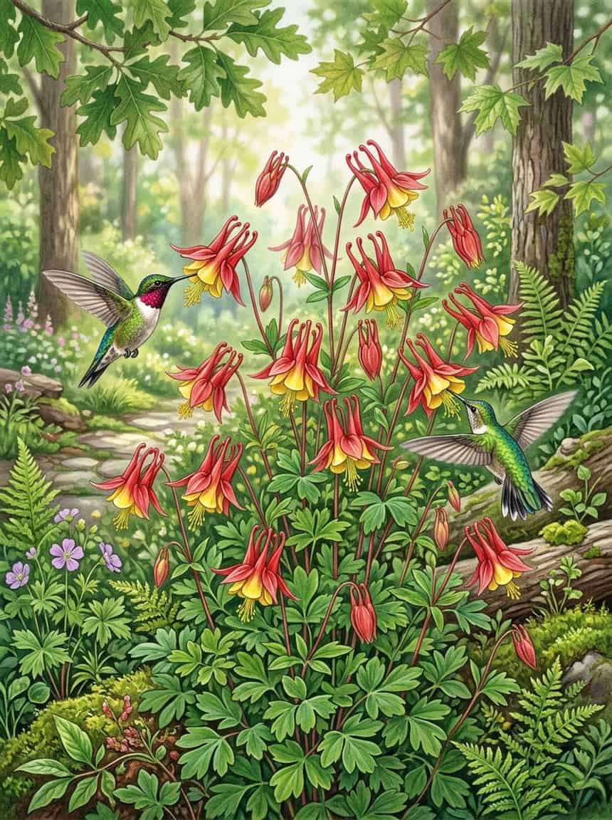 Native columbine with nodding red and yellow spurred flowers hanging from slender stems above lobed blue-green foliage, with a hummingbird reaching up toward one of the blooms.