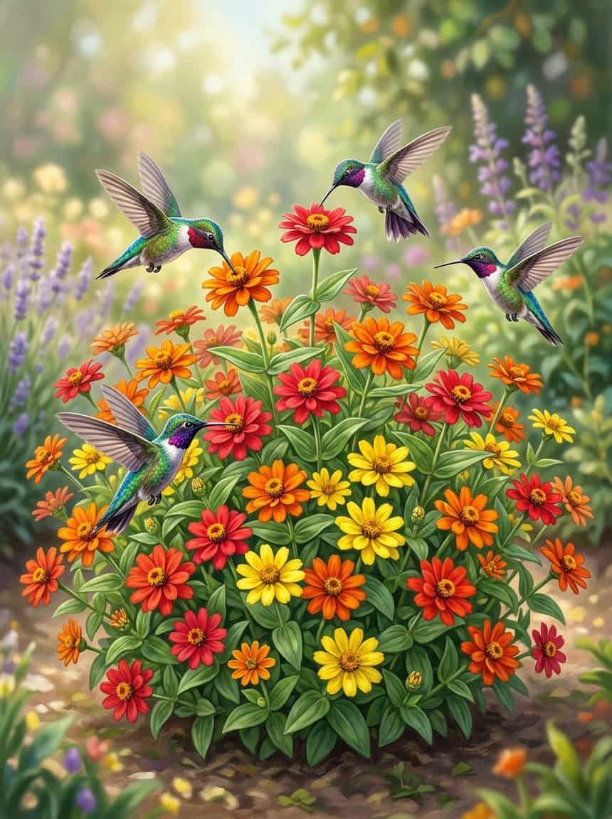 A tidy low mound of dwarf zinnia 'Profusion' covered in bright orange, pink, and white daisy-like flowers, with a hummingbird hovering above the blooms.