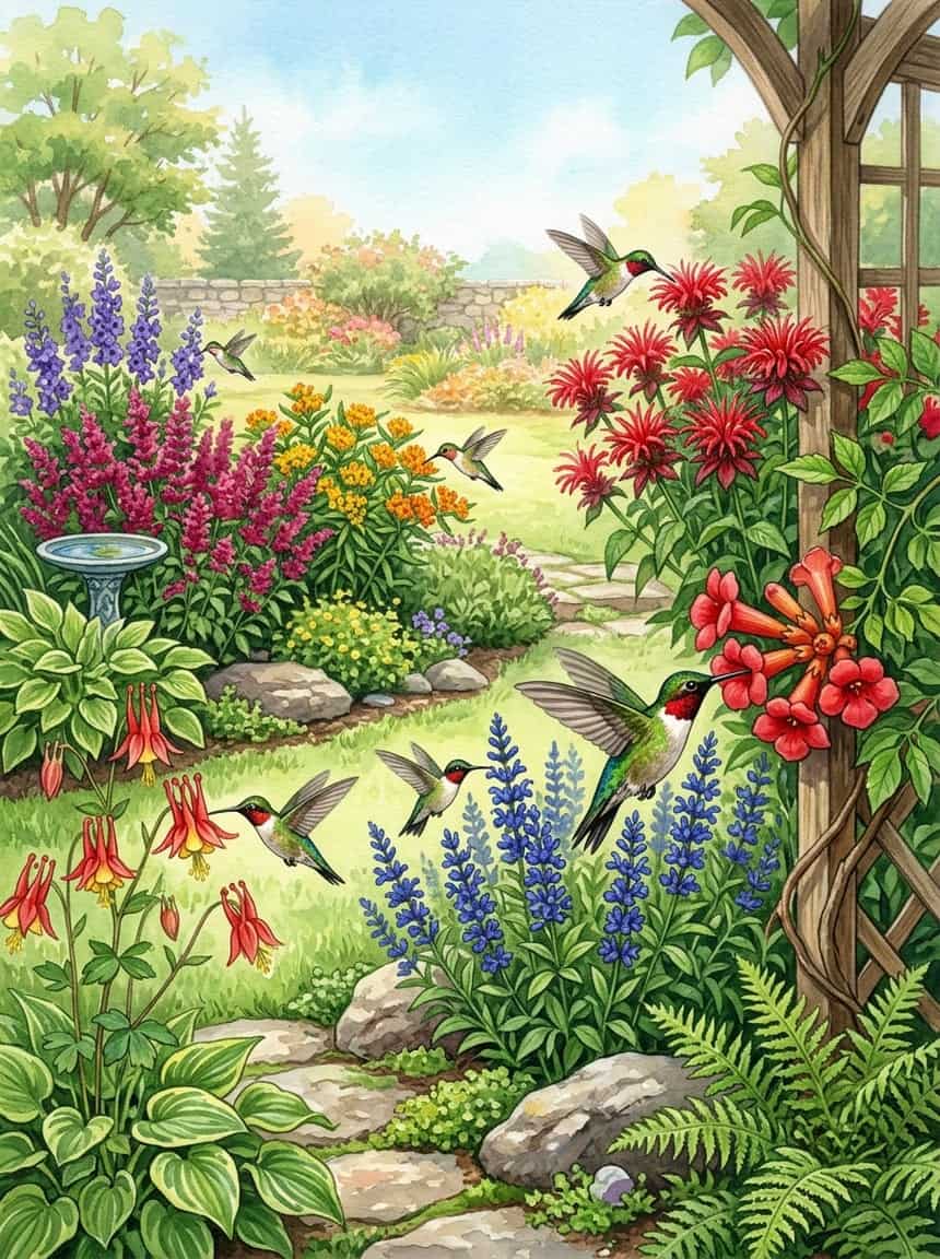 A layered garden bed with tall salvia and bee balm at the back, medium-height penstemon in the middle, and low columbine and zinnia at the front edge, with hummingbirds visible at multiple flower levels.