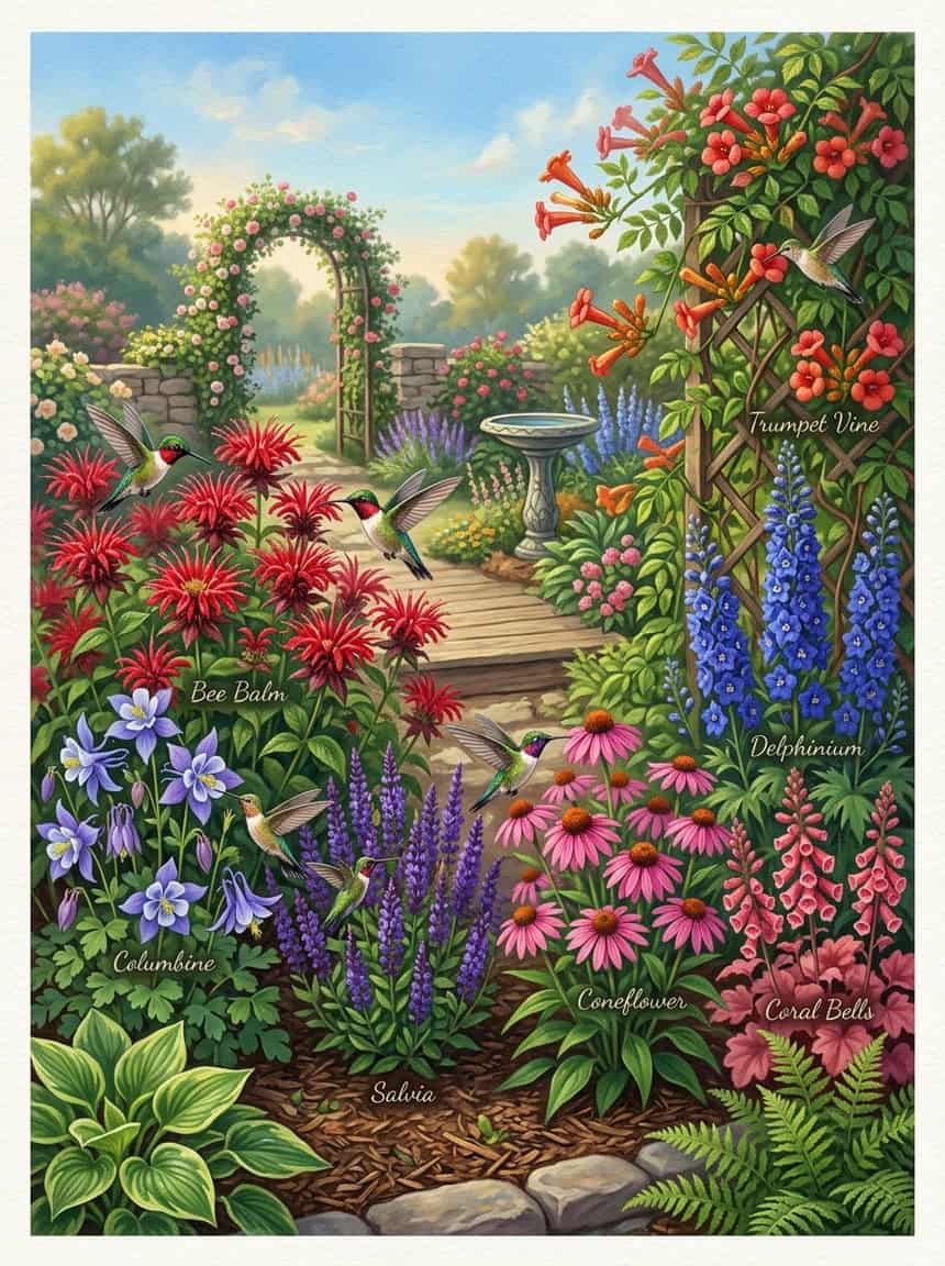 A sunny garden bed with several of these perennials showing early blooms and bud clusters, photographed on a bright late-spring morning with soft shadows across the soil.