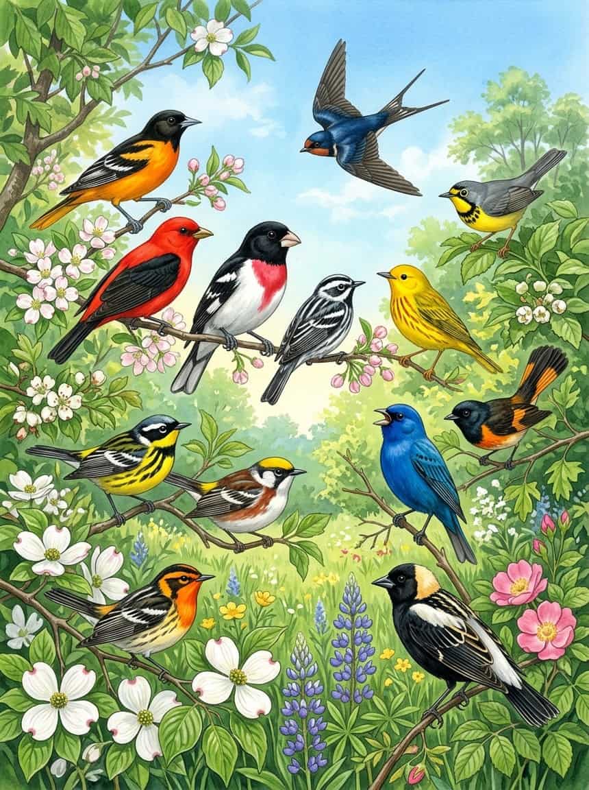 13 Birds You'll See This Week That Won't Be Here in July 1 Thirteen bird species perched and in flight among flowering green branches, representing spring migration diversity.