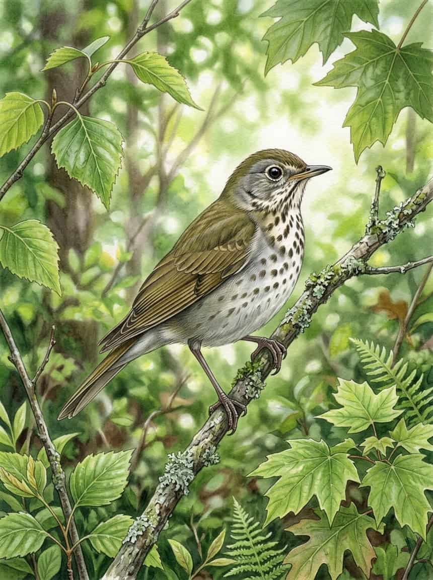13 Birds You'll See This Week That Won't Be Here in July 8 A Gray-cheeked Thrush perched on a low horizontal branch in a green forest understory, its plain brown back and spotted pale breast visible in soft filtered light.
