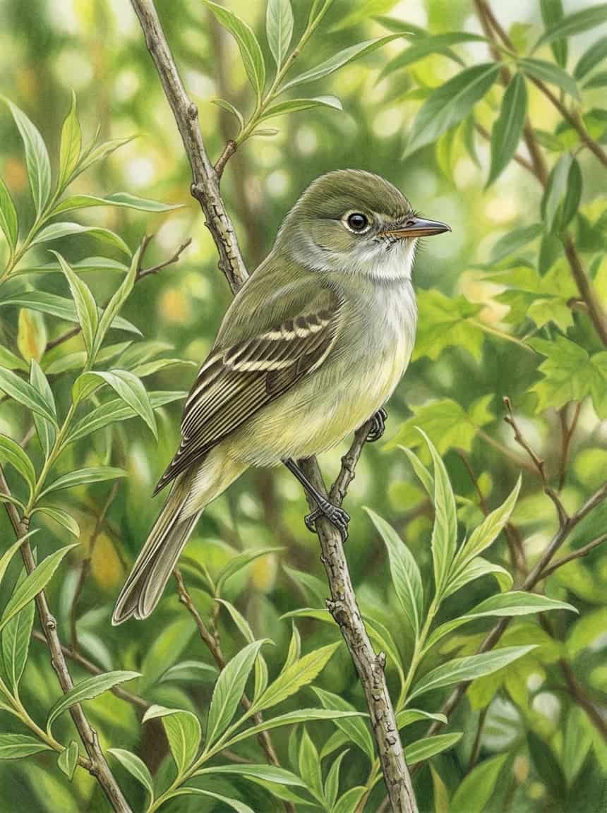 13 Birds You'll See This Week That Won't Be Here in July 11 A small Willow Flycatcher perched on a thin leafy branch in dense green riparian shrubs, its pale eye ring, wingbars, and chunky bill profile visible.