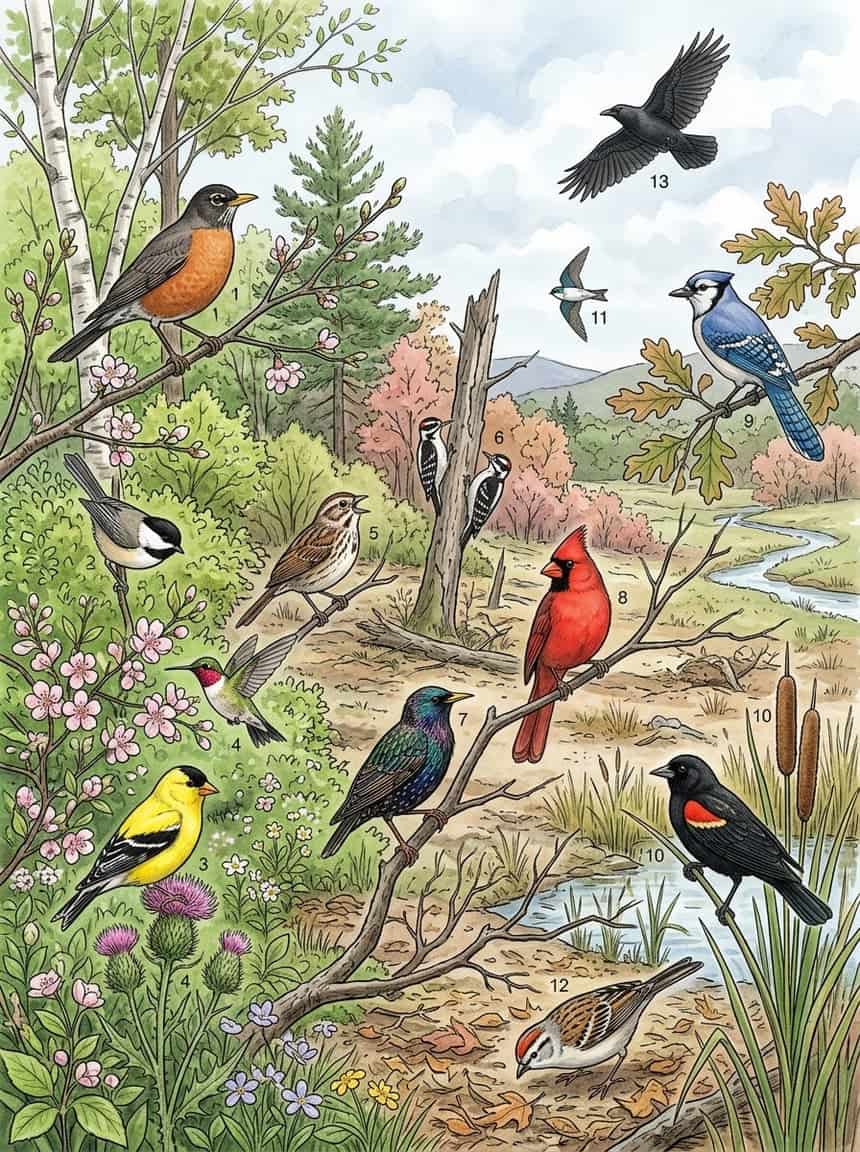 13 Birds You'll See This Week That Won't Be Here in July 16 A mixed group of bird species foraging and perching in a transitional habitat of shrubs, open water, and early-leafing trees at the edge of a wetland.