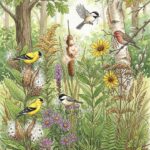 A variety of native plants with finches and chickadees gathering nesting materials among the leaves and seed pods in a natural outdoor setting.