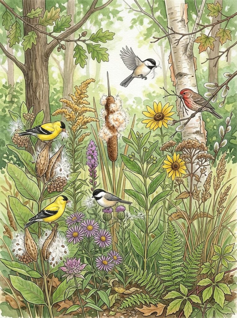 A variety of native plants with finches and chickadees gathering nesting materials among the leaves and seed pods in a natural outdoor setting.
