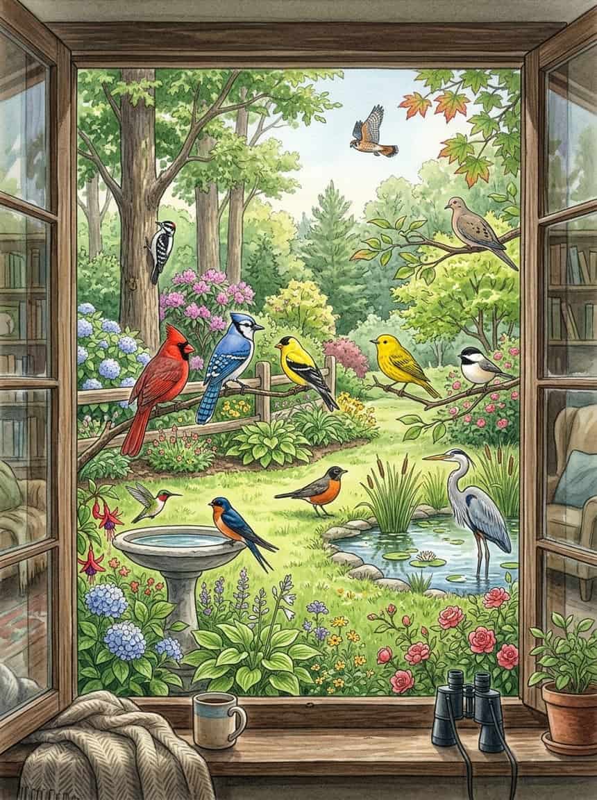 The Memorial Day Weekend Bird Watcher's Window: 12 Species You'll Only Catch This Week 1 View through binoculars of a mixed woodland edge in late May, with warblers and shorebirds visible at multiple canopy levels against soft morning light.