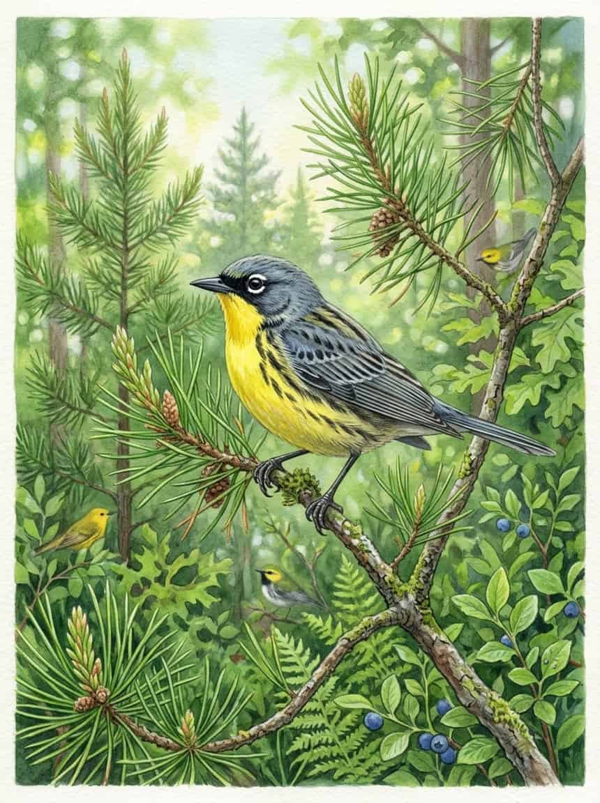 Male Kirtland's Warbler perched low on a young jack pine branch, showing bright yellow underparts and heavy dark streaking on the flanks, with filtered morning light through sparse pine canopy.