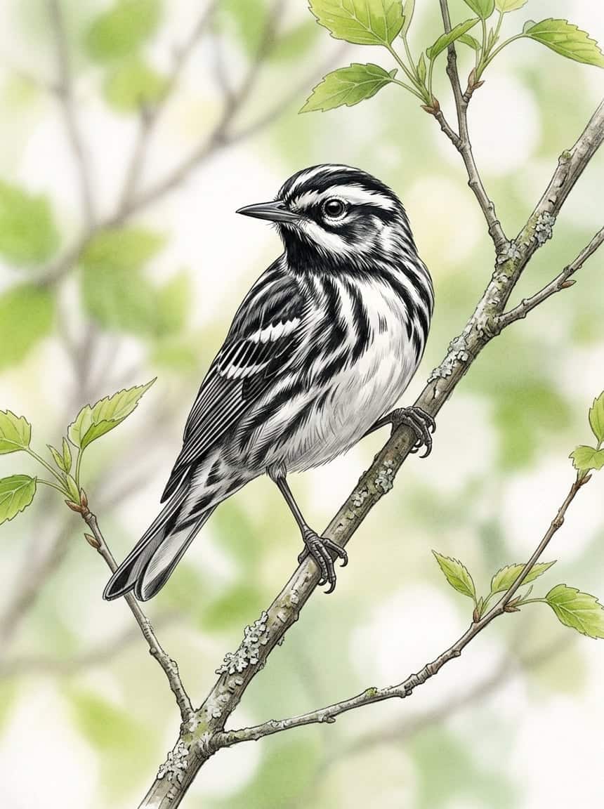 Male Black-and-white Warbler creeping headfirst down a rough-barked trunk, bold black-and-white striped plumage visible against pale gray bark with blurred spring foliage behind.