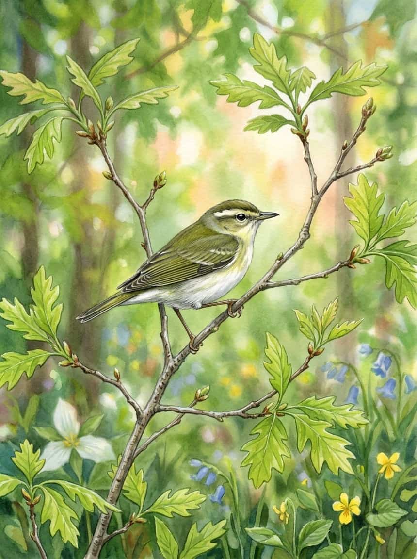 Tennessee Warbler perched on a lichen-covered branch, showing olive-green back, pale yellowish underparts, and a crisp white eyebrow stripe against a soft-focus boreal forest background.