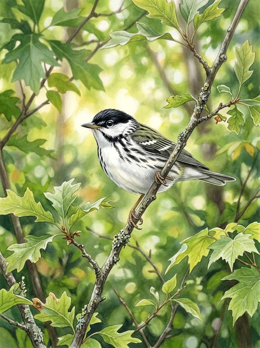 Male Blackpoll Warbler in breeding plumage perched on a spruce twig, showing crisp black cap, bold black streaking on white underparts, and bright orange-yellow legs visible below.
