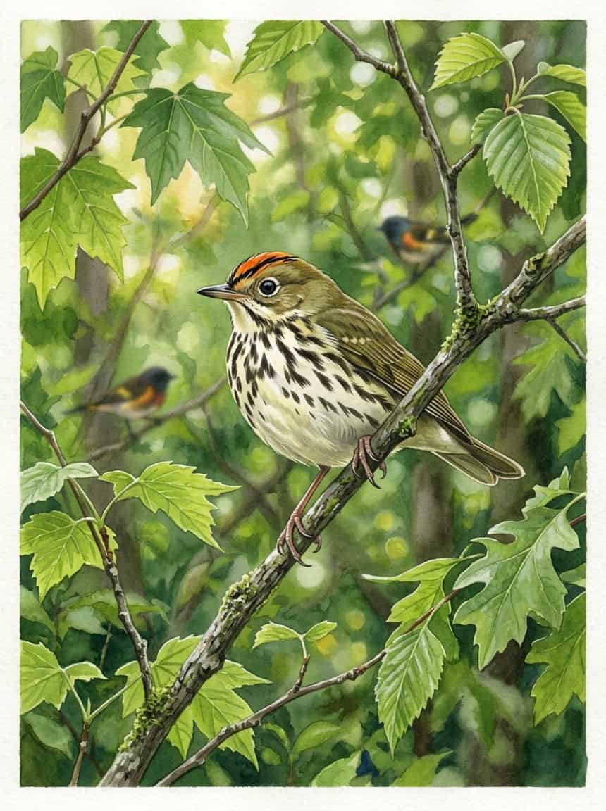 Ovenbird walking along a leaf-littered forest floor, bold orange crown stripe and streaked white breast visible, surrounded by fallen oak leaves and shaded tree roots.